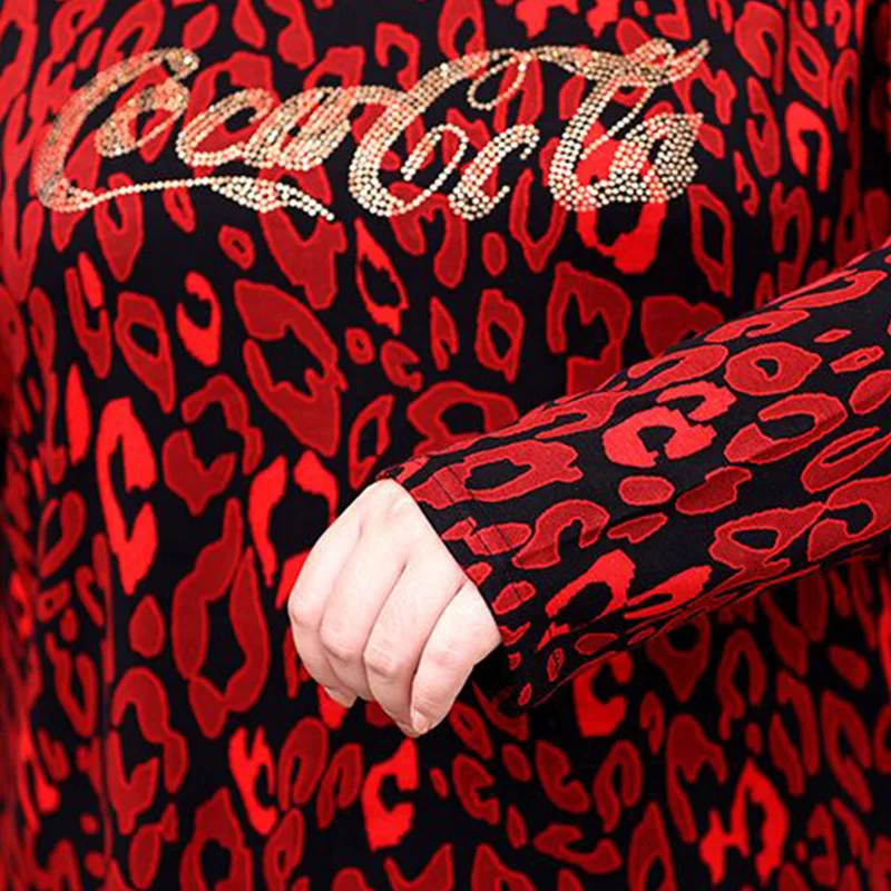 Autumn Winter Leopard Print Plus Size Female T-shirts Fashion Long Sleeve Aesthetic Y2K Oversized Top Women Chic Lady Clothes