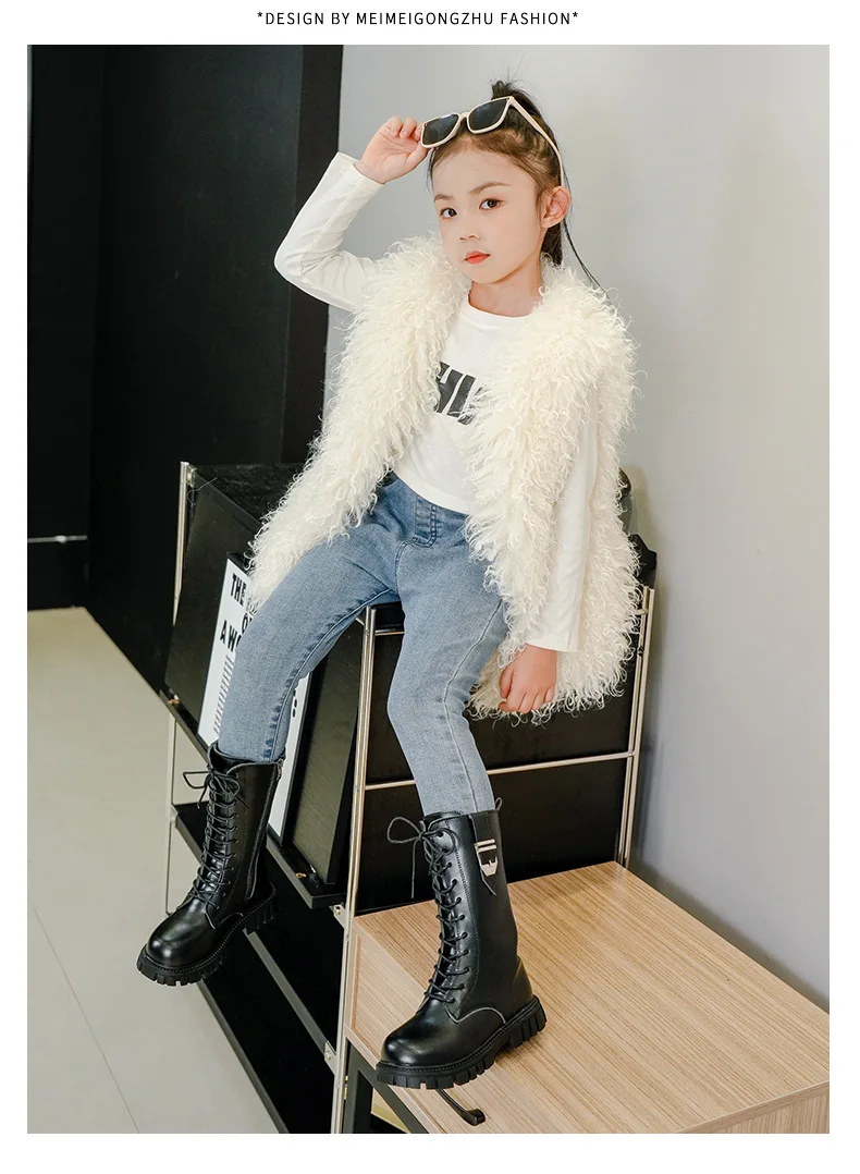우아한 지퍼 소녀 캐주얼 패션 부츠 가을/겨울 라운드 토 따뜻한 두꺼운 밑창 레이스 편안한 어린이 중창 부츠