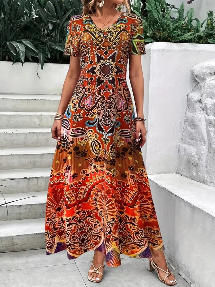 

Women's Plus Tribal Print Short Sleeve V Neck Split Maxi Dress