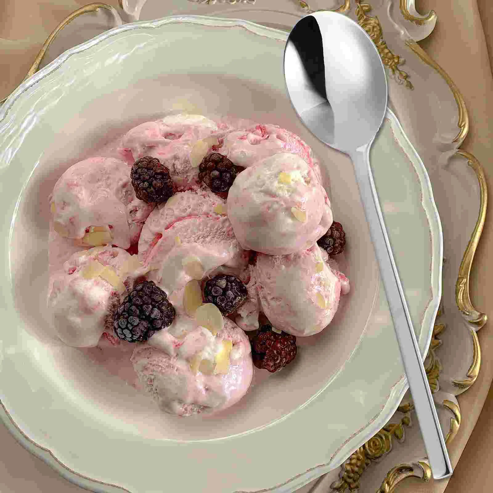 Stainless Steel Dessert Spoon Square Handle With Cake Long Yogurt Mixing Spoons