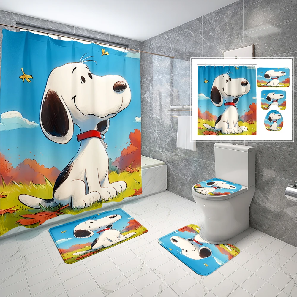 thumbnail image 2 of 1/4 piezas 70*70 pulgadas 1/4 piezas Juego de cortina de ducha impermeable con dibujos animados de Snoopy lindo con alfombras antideslizantes, tapa de inodoro, alfombrilla de baño, 12 ganchos, 2 of 5