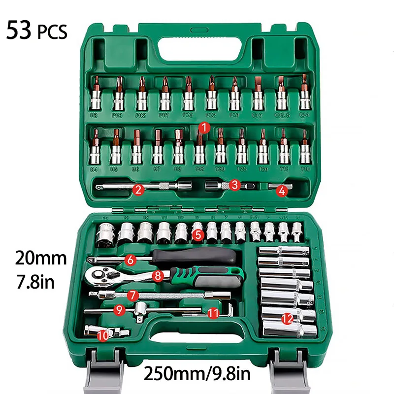 46/53 pcs Drive Socket Ratchet Wrench Set Reversible Ratchet with S2 and CR-V Sockets Household Automotive Repair Ki 5