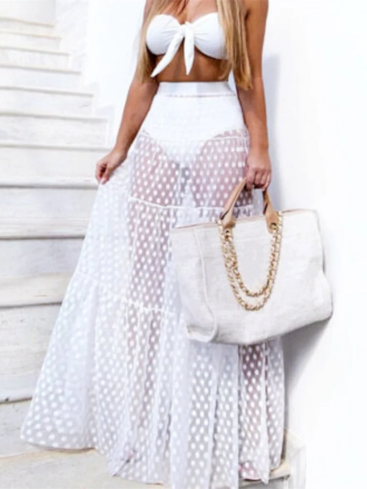 Women Polka Dot Mesh Transparent Skirt High Waist Loose Pleated Long Skirts Summer Sexy Club Beach Cover-ups Skirt 4