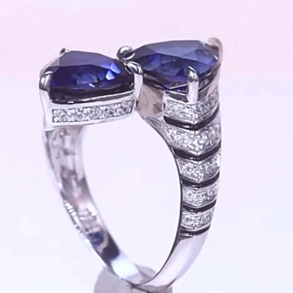 

KQDANCE 925 sterling silver Black Enamel Lab Ruby Sapphire Gemstones High Carbon Diamond Open Rings With Double Blue Stone