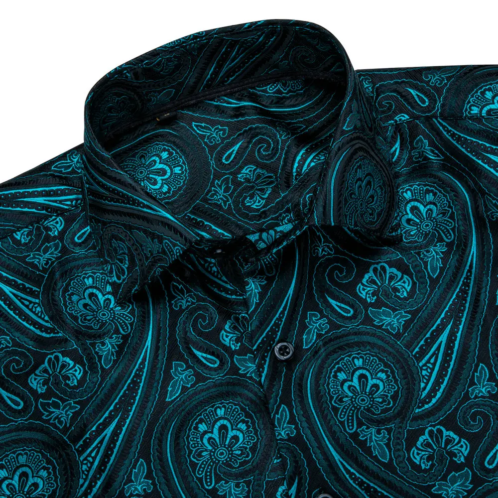 Barry.Wang Teal Paisley Floral Silk Shirts Men Autumn Long Sleeve Casual Flower Shirts For Men Designer Fit Dress Shirt BCY-05 dress shirts men casual shirts