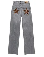 American Jeans Y2K Womens Harajuku Leopard Print Five Pointed Star Graphic Retro Blue Baggy Jeans Pants High Waist Slim Trousers 1