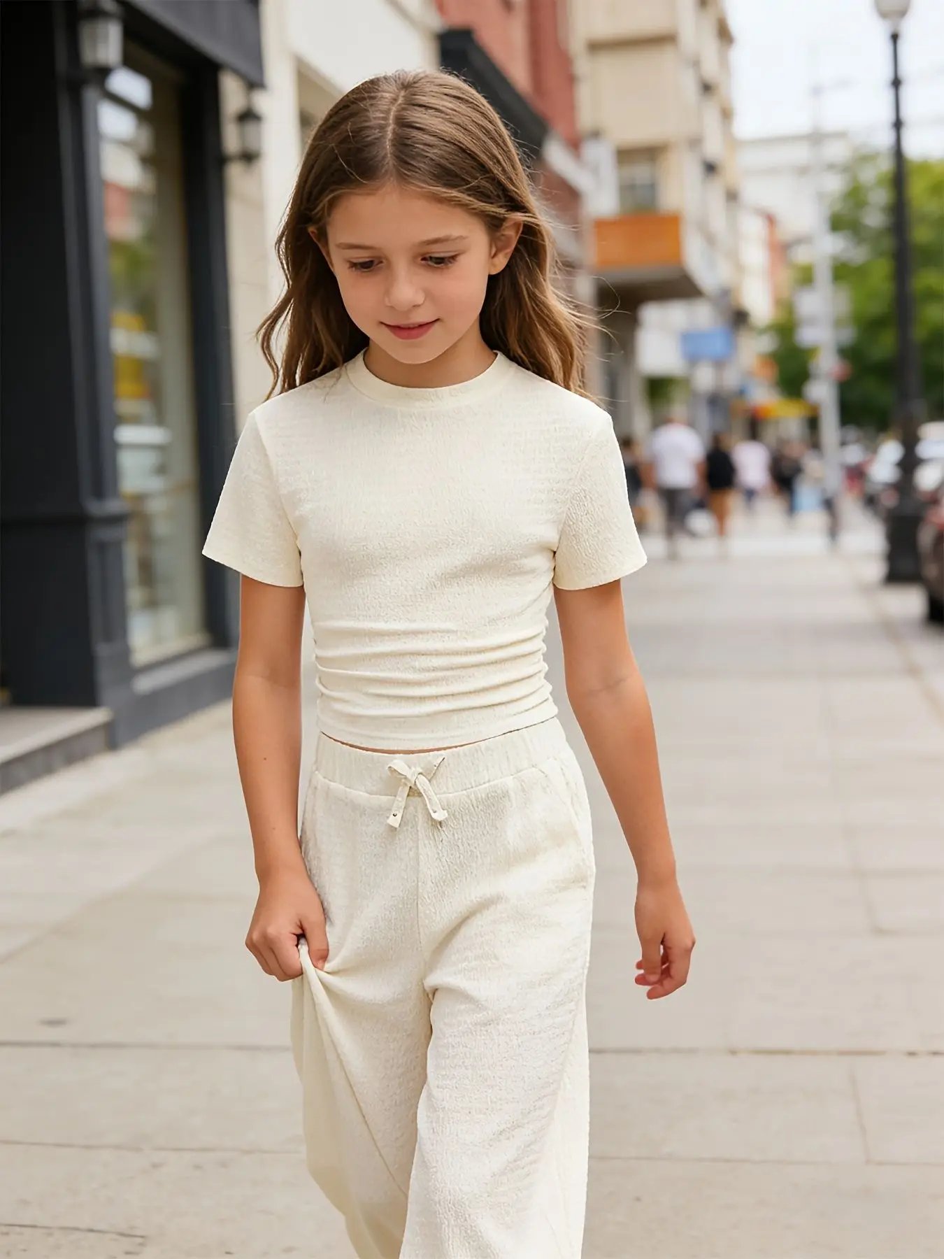 Girls' 2-Piece Casual Set: Fitted Top + Wide-Leg Pants. A versatile design with a trendy street-style vibe—comfortable and perfe - 4