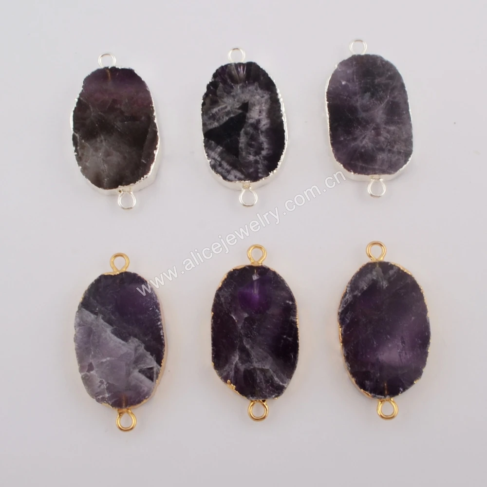 

5PCS Natural Stone Amethyst Pendant Gold Plated Purple Crystal Jewelry Connector For Jewelry Making DIY Necklace Bracelet