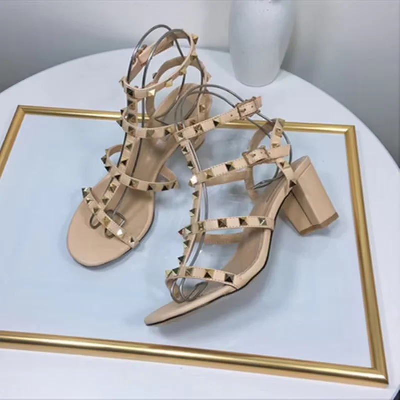 Women Famous Brand Sandals Anklep Wrap Buckle Strap Front Open Toe Null Shoes With Gold Studded Microfiber Leather 6cm Pumps 43 4