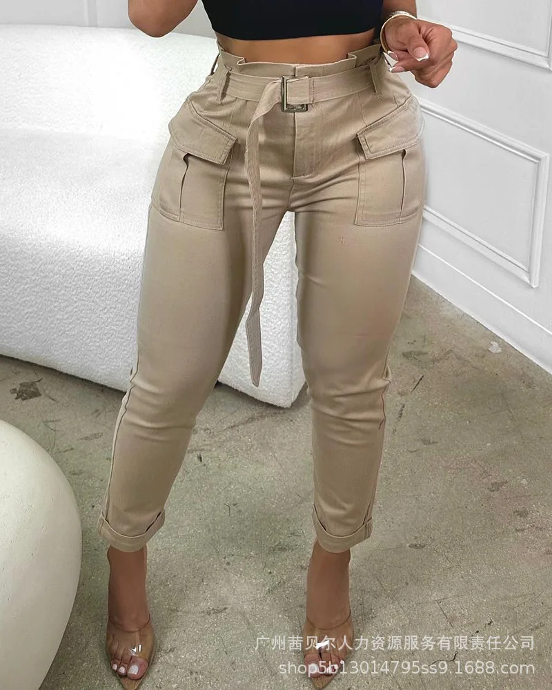 

2023 New Trousers Women Khaki High Waist Workwear Womens Pants with Belt