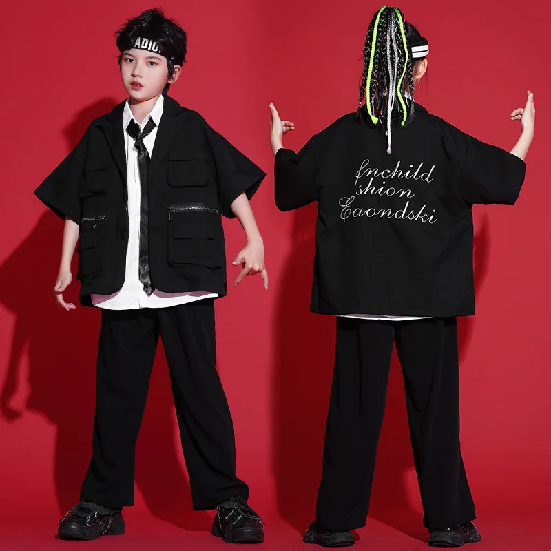

New Summer Kids Hip Hop Clothing Classic White Shirt Black Tops Pants 3pcs Set Boys Fashion Jazz Dance Performance Clothing