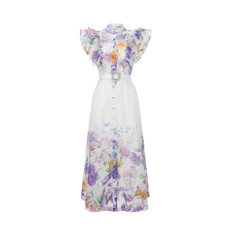 Abito da sera elegante vintage da donna in stile Mori francese, senza maniche, con collo alto, monopetto e cintura - immagine 4
