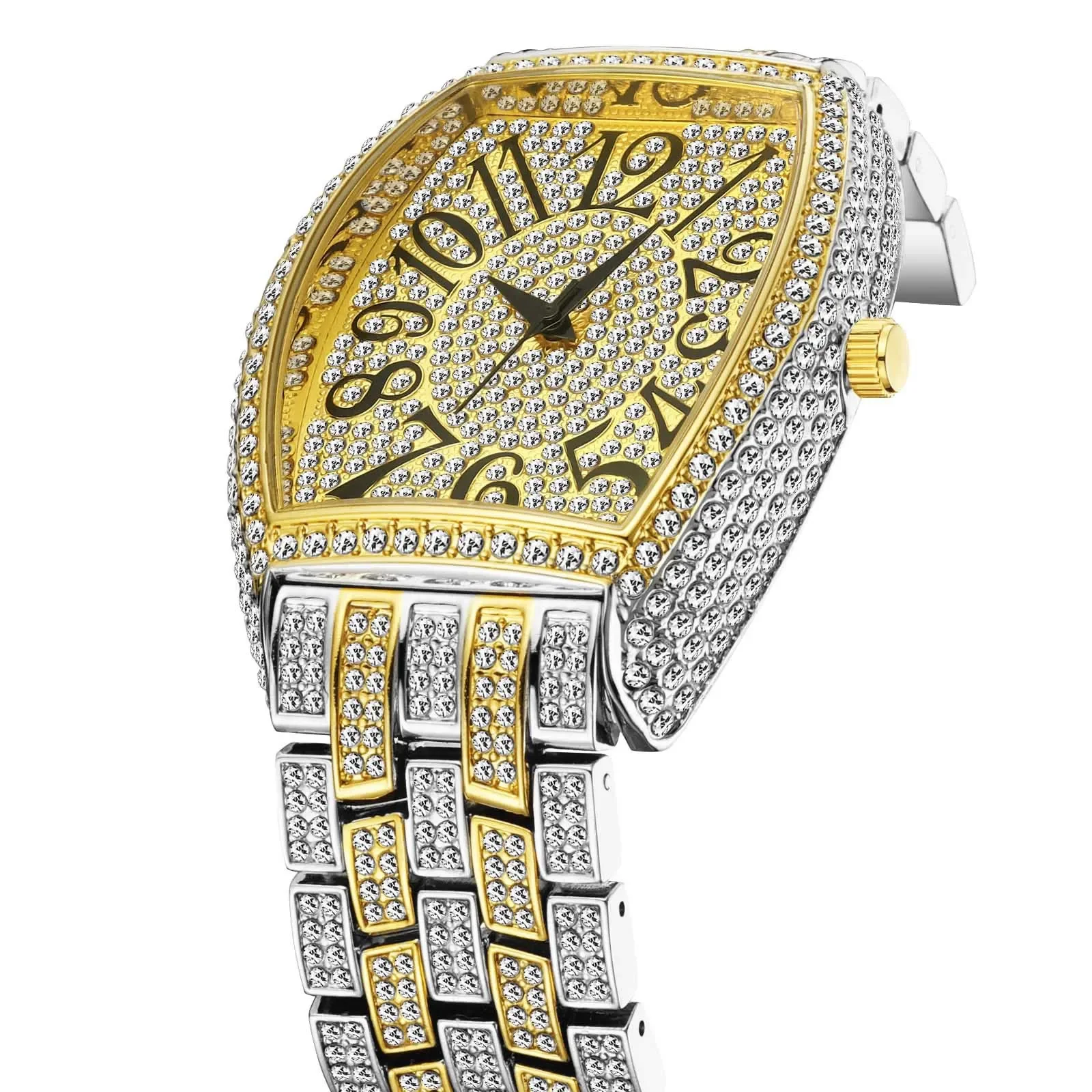 Iced Out Watch for Men Silver Stainless Steel Mens Watch Hip Hop Quartz Wristwatch Classic Tonneau Full Diamond Watch Man Clock