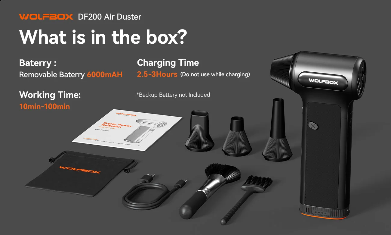 WOLFBOX DF200 Tragbarer Lüfter-Staubentferner Luftgebläse 320g Winddruck Abnehmbarer Akku für Auto/Zuhause/Outdoor – Detail 9