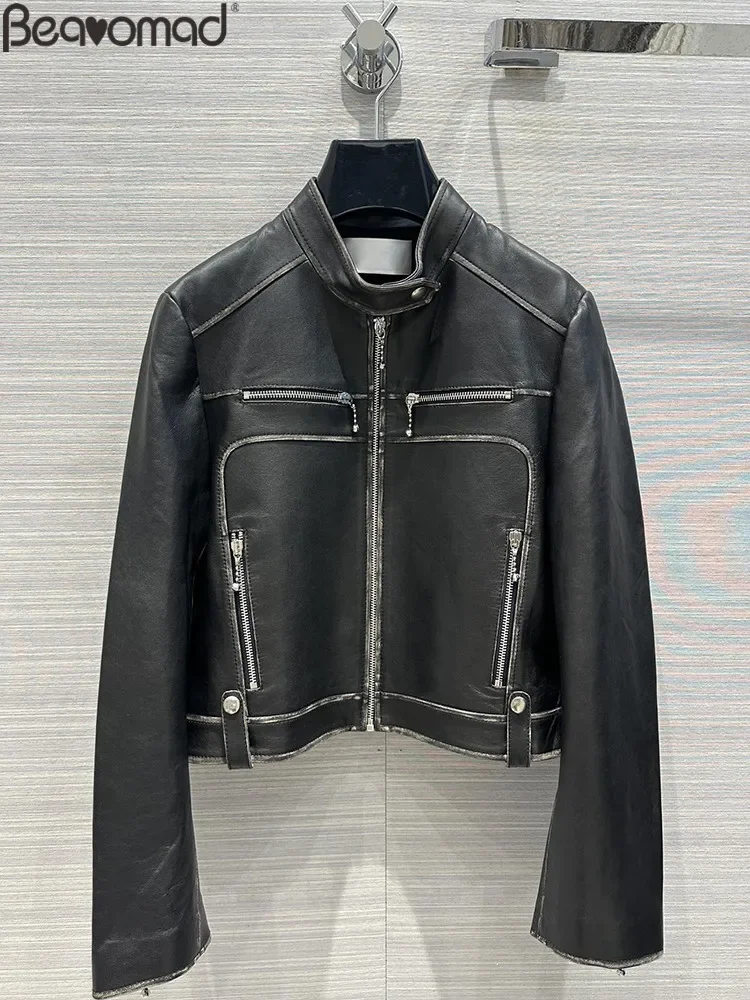 

Fashion Runway Autumn Black Short Style Sheepskin Jacket Women's Zippers Patchwork Solid Color Long Sleeve Jacket