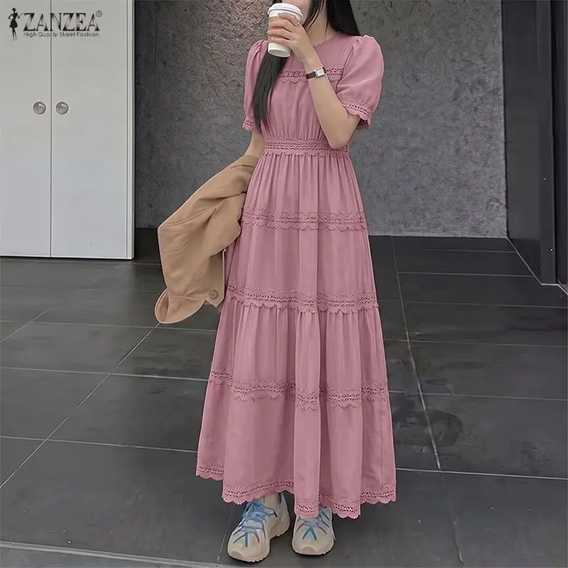 ZANZEA 2026 Women Lace Dresses Sexy Solid Maxi Long Dress Summer Short Sleeve Bohemian Beach Sundress Party Robe Femme Oversized 5
