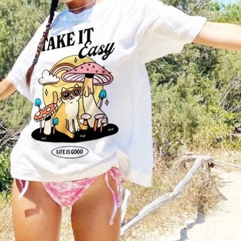 

Женская футболка Summre, футболка Groovy с рисунком кошки, легкая пляжная трендовая хлопковая футболка в стиле преппи в стиле унисекс, прикольная футболка 90-х с рисунком, топы