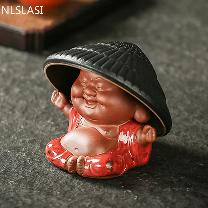 Tea Pet Ornaments Creativity Purple Clay Tea Pet with Tea Strainer Monk Buddha Figurine Ornaments Handmade Crafts Set Decoration Accessories