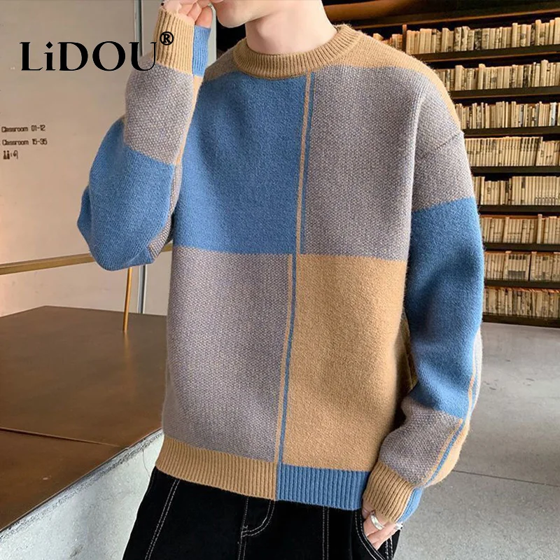 Autumn Winter New Fashion Temperament Patchwork Korean Sweaters Man Casual Loose Y2K Chic Male Tops Knitting Pullover Streetwear