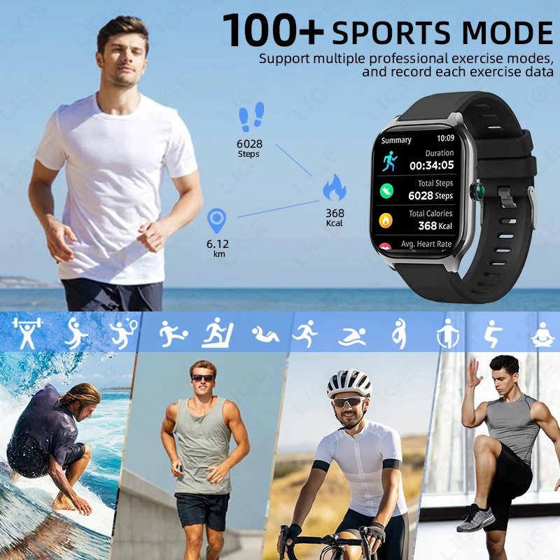 LIGE Voice Calling Smart Watch 2.01" HD Display Fitness Tracker Blood Oxygen Heart Rate Monitor Smartwatch For Android iOS Phone