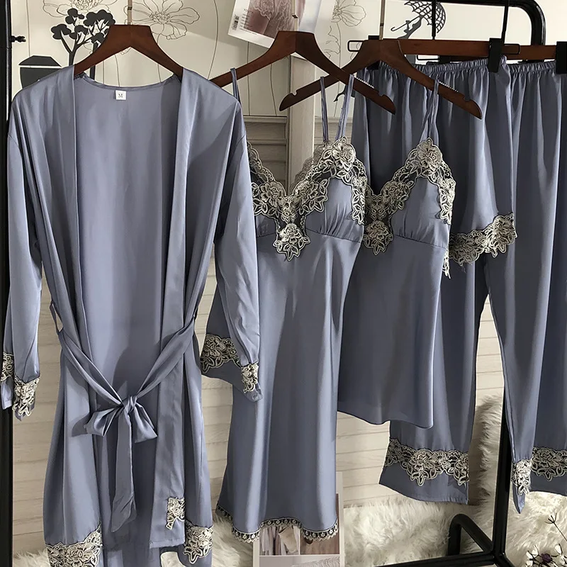 

Sexy Lace Patchwork Loungewear 5Pcs Pyjamas Suit Female Rayon Home Clothes Soft Cami&shorts&pants&bathrobe&strap Nightgown