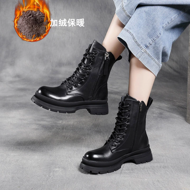 Cuero Real con polar de algodón Dr. Martens, doble cremallera, capa superior, de cuero de tacón grueso, Buskin informal, | - AliExpress