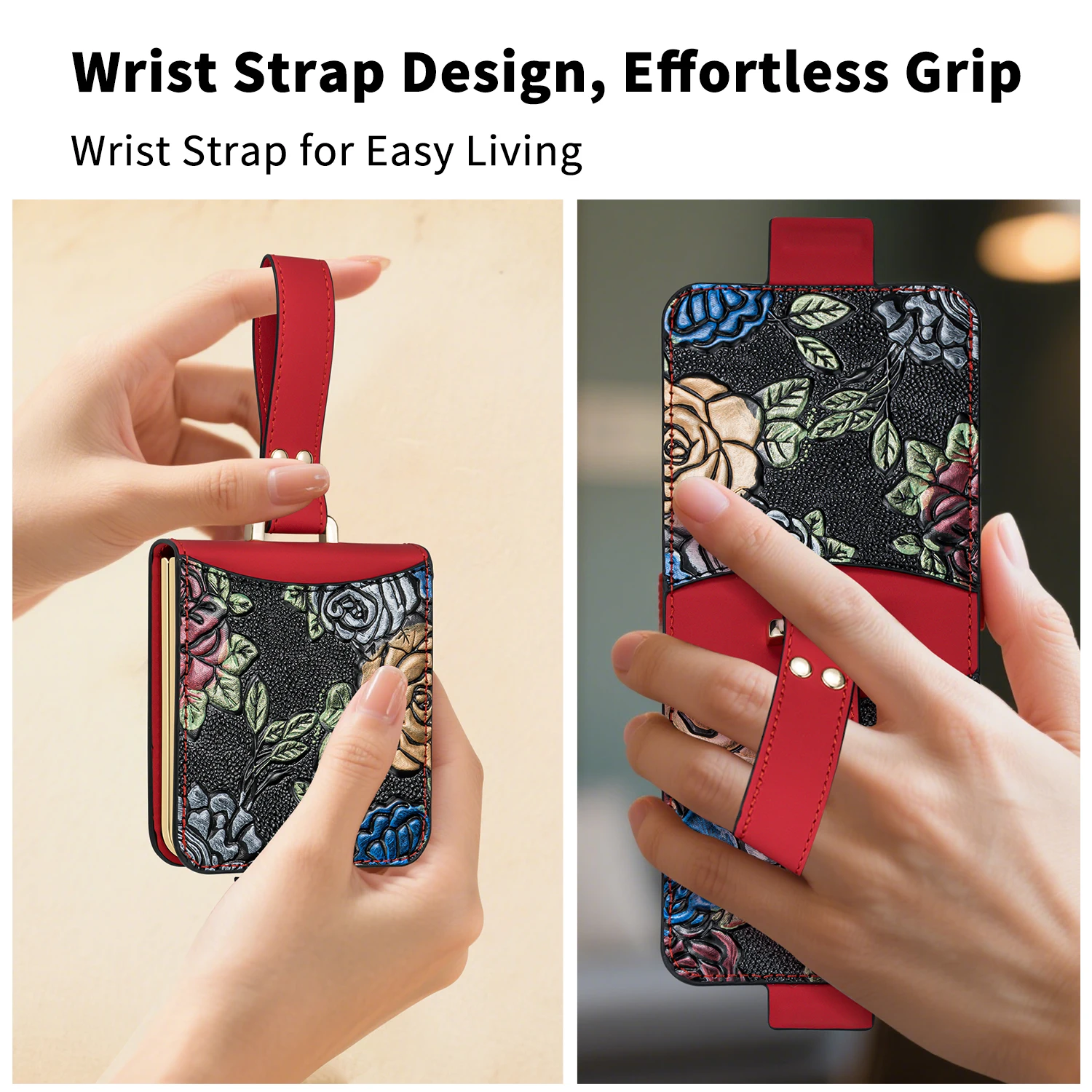 VIETAO Stylish PU Leather Phone Case with Card Slots & Wrist Strap - 3D Relief Design