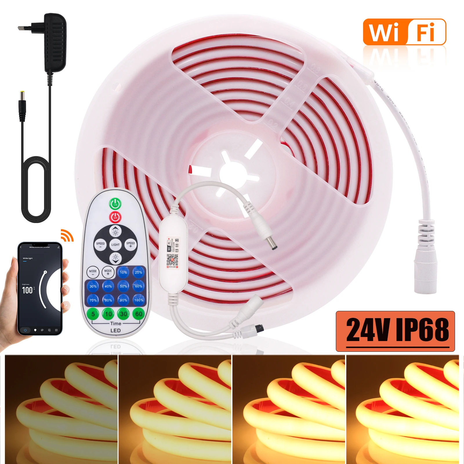 

WIFI Control COB Neon Strip DC 24V IP68 Waterproof 320Leds/M 3000K 4000K 6000K Flexible Ribbon Rope LED Light EU/US/AU/UK Set