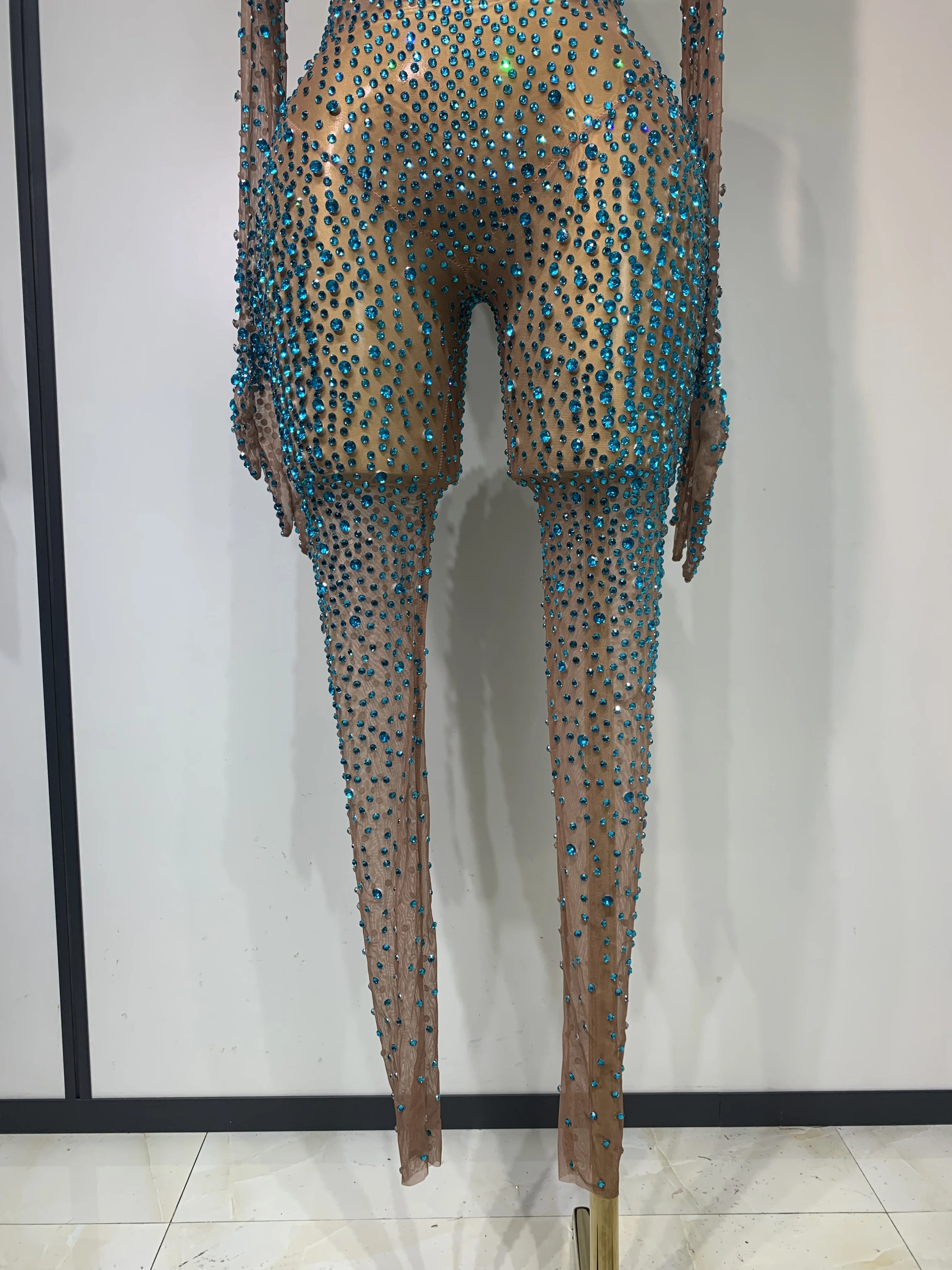 Luxury Rhinestones Bodycon Jumpsuit Sexy Women Mesh See Through Birthday Gown Women Bar Nightclub Dancer Stage Outfit 6