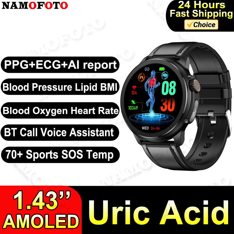 

NAMOFOTO 2024 New 1.43'' ECG PPG Smart Watch Men 466*466 HD AMOLED Screen Heart Rate Blood Pressure SOS Sport BT Call Smartwatch