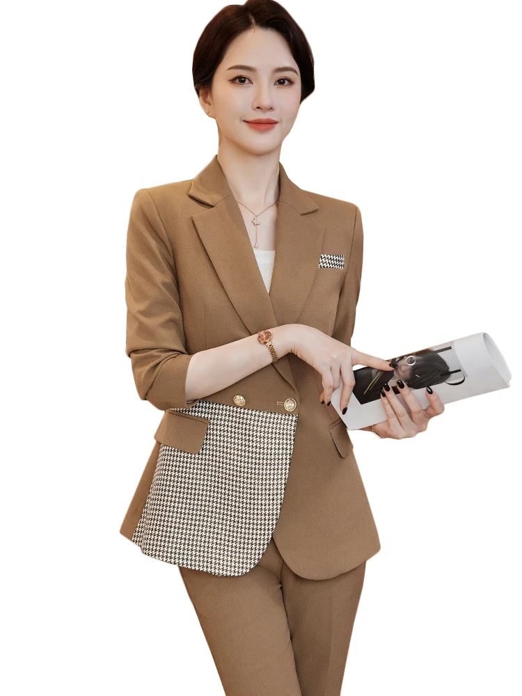 

Fashion Khaki Black Plaid Women Pant Suit Blazer Office Ladies Formal Jacket And Trouser Female Business Work 2 Piece Set