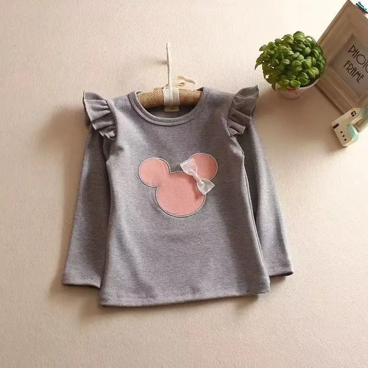 New Full Sleeve Spring Autumn T-shirt Ruffles Sleeve Cute Pattern Blouse for Kids Girls Solid Cotton Winter Tops for 3-8Yrs