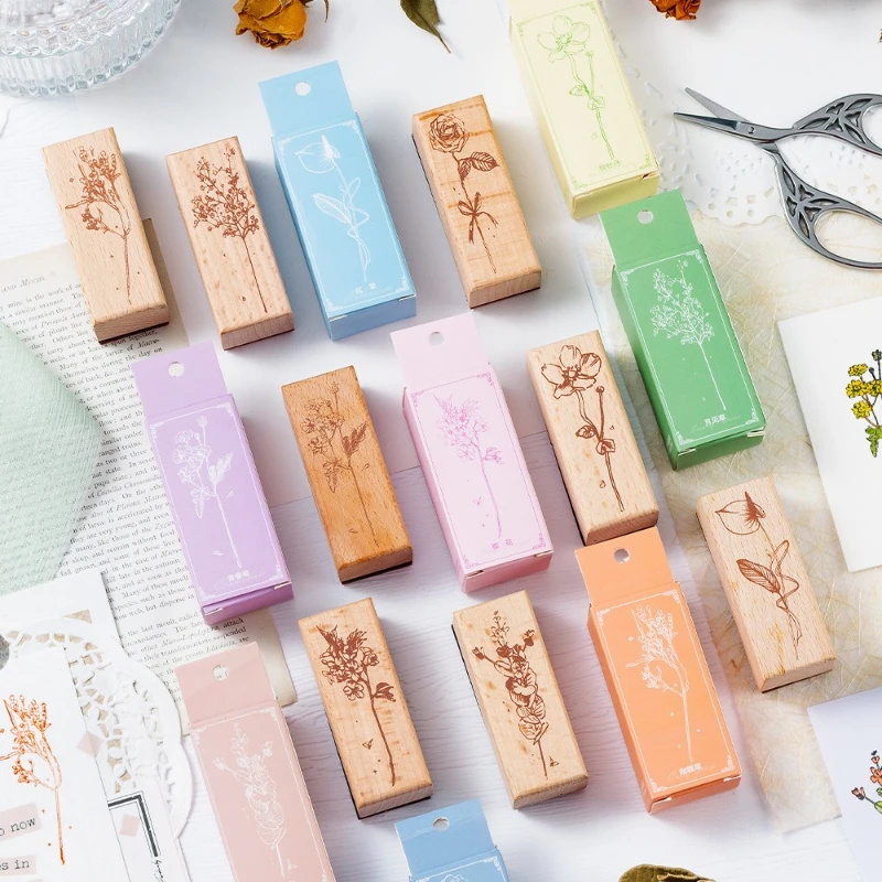 카와이 산꽃 원목 씰 DIY 핸드 다이어리 장식 프린트 크로스보더 너도밤나무 계정 씰 러블리 학용품