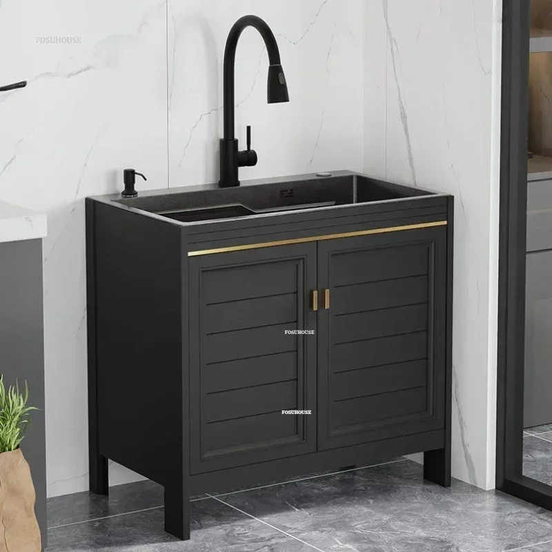 Stainless Steel Large Kitchen Sinks Integrated Cabinet Floor-standing Washing Sink with Cabinet Multifunctional Single-slot Sink