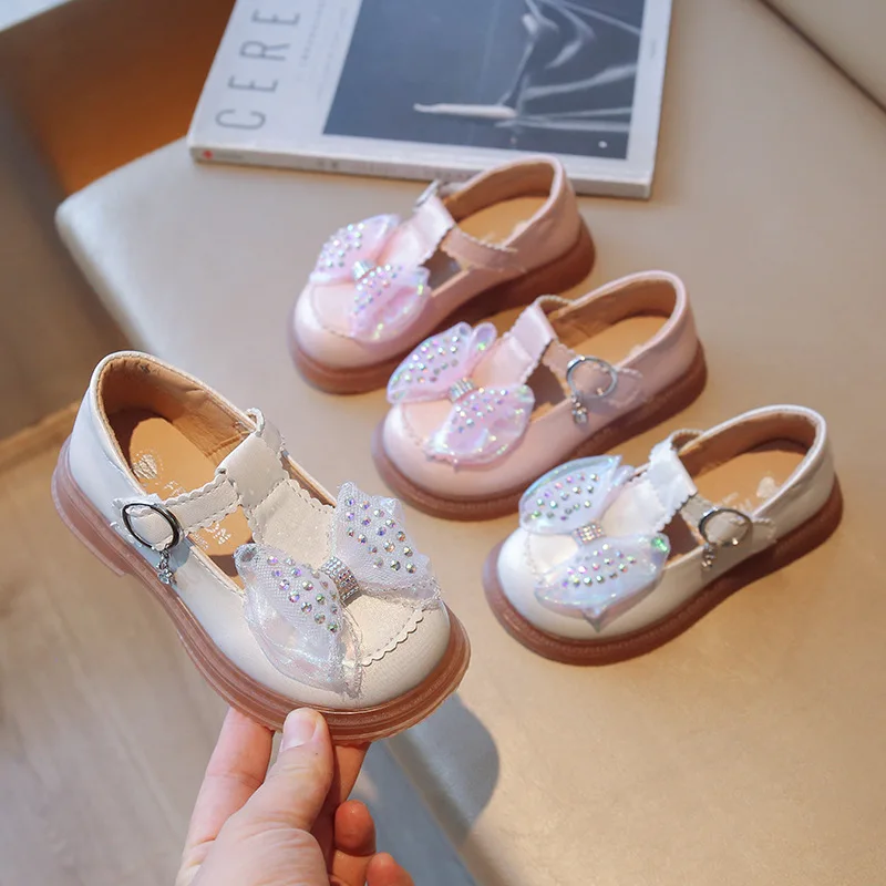 

Rhinestone Bow Girls Princess Shoes 2023 Mary Jane Children's Leather Shoes Spring Autumn Soft Soled Casual Baby Lolita Shoes