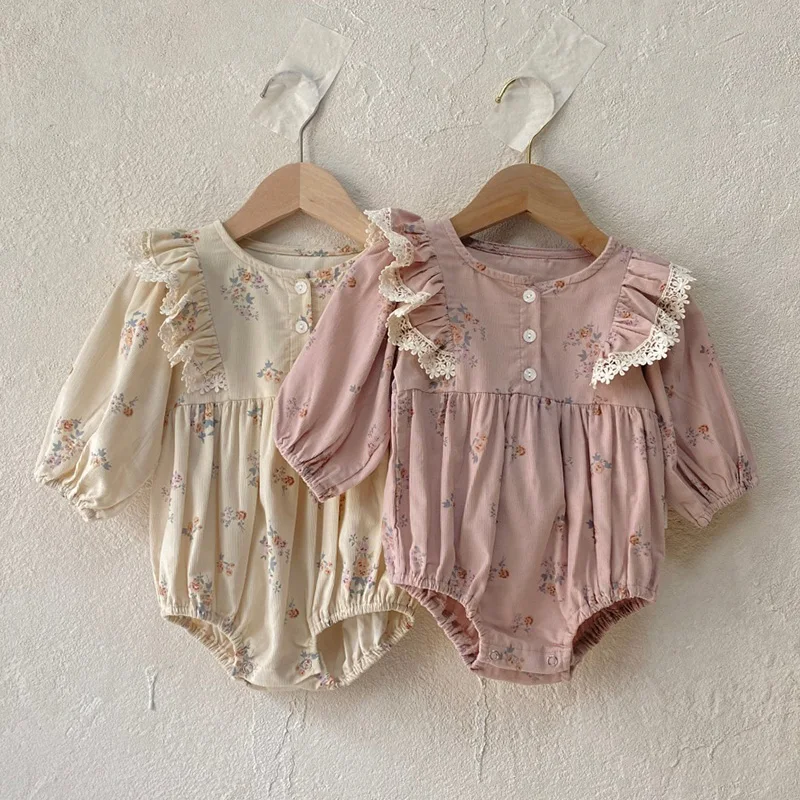 

2024 New Spring Korean Style Newborn Baby Girl Jumpsuit Long Sleeved Corduroy Printing Toddler Baby Girl Romper Children Clothes