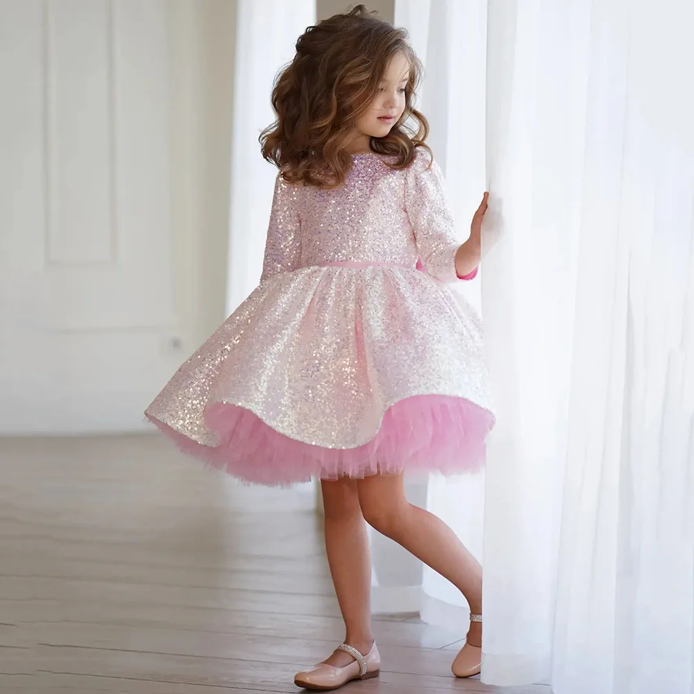 

Cute Light Pink Flowers Girls Dresses 3/4 Sleeves Kids Birthday Party Dress Sequin Short Ball Gown Dance Outfit with Bow 2023