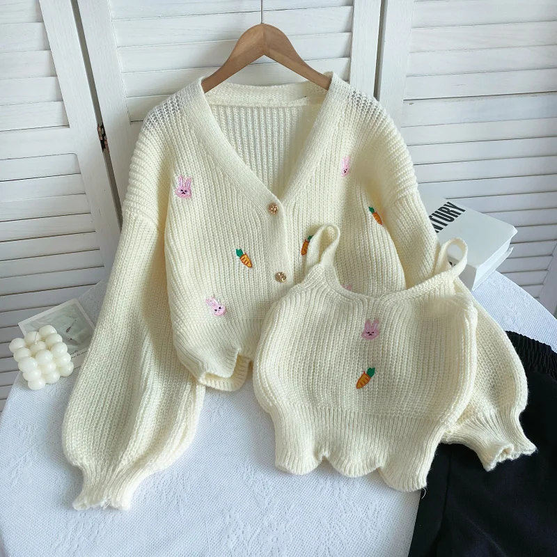

Sweet Heavy Embroidered Rabbit Long-sleeved Sweater Jacket Women Cardigan Knitted Camisole Two-piece Set Autumn Winter 2023