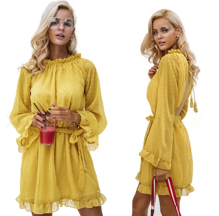

Yellow Backless Dress Sexy Women Mini Chiffon Dress O-Neck Long Sleeve Lace Dresses for Women