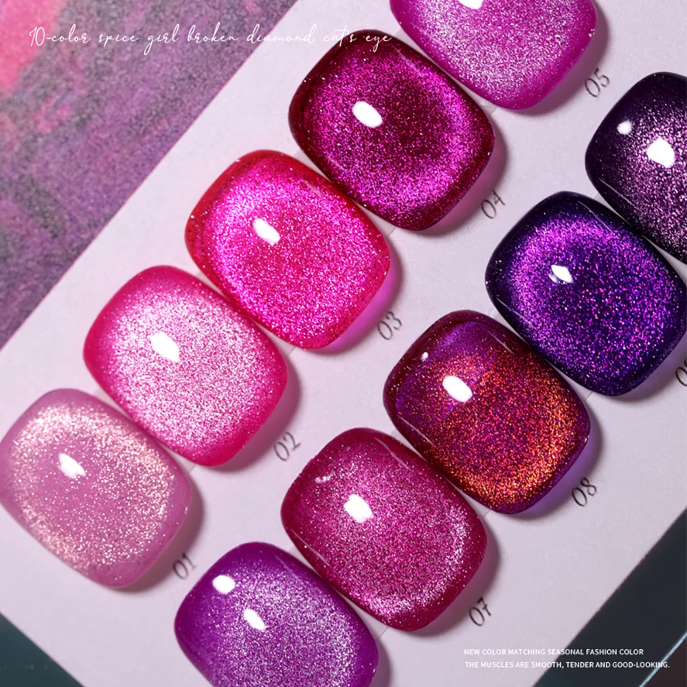 Vendeeni 10 Color Pink Purple Glitter Broken Diamond Cat Eye Nail Gel Polish Semi Permanent Magnetic UV LED Soak Off Gel Varnish 3