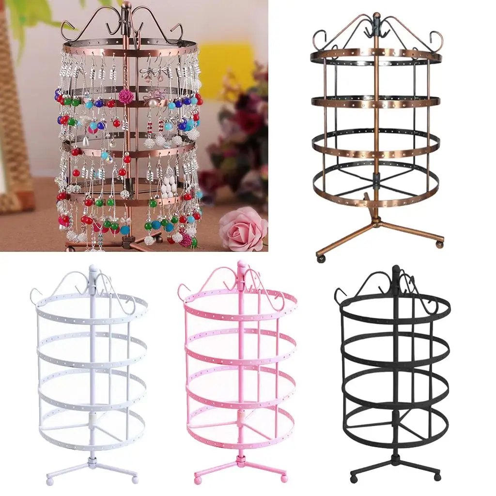 4 Tiers Metal Rotating Earring Display 144 Holes Jewelry Organizer Holder Tree Rack Towers for Bracelets Necklaces Keychain new fashion 24 44 creative wooden holes white earrings ear studs jewelry display stand organizer 2 layers jewelry rack