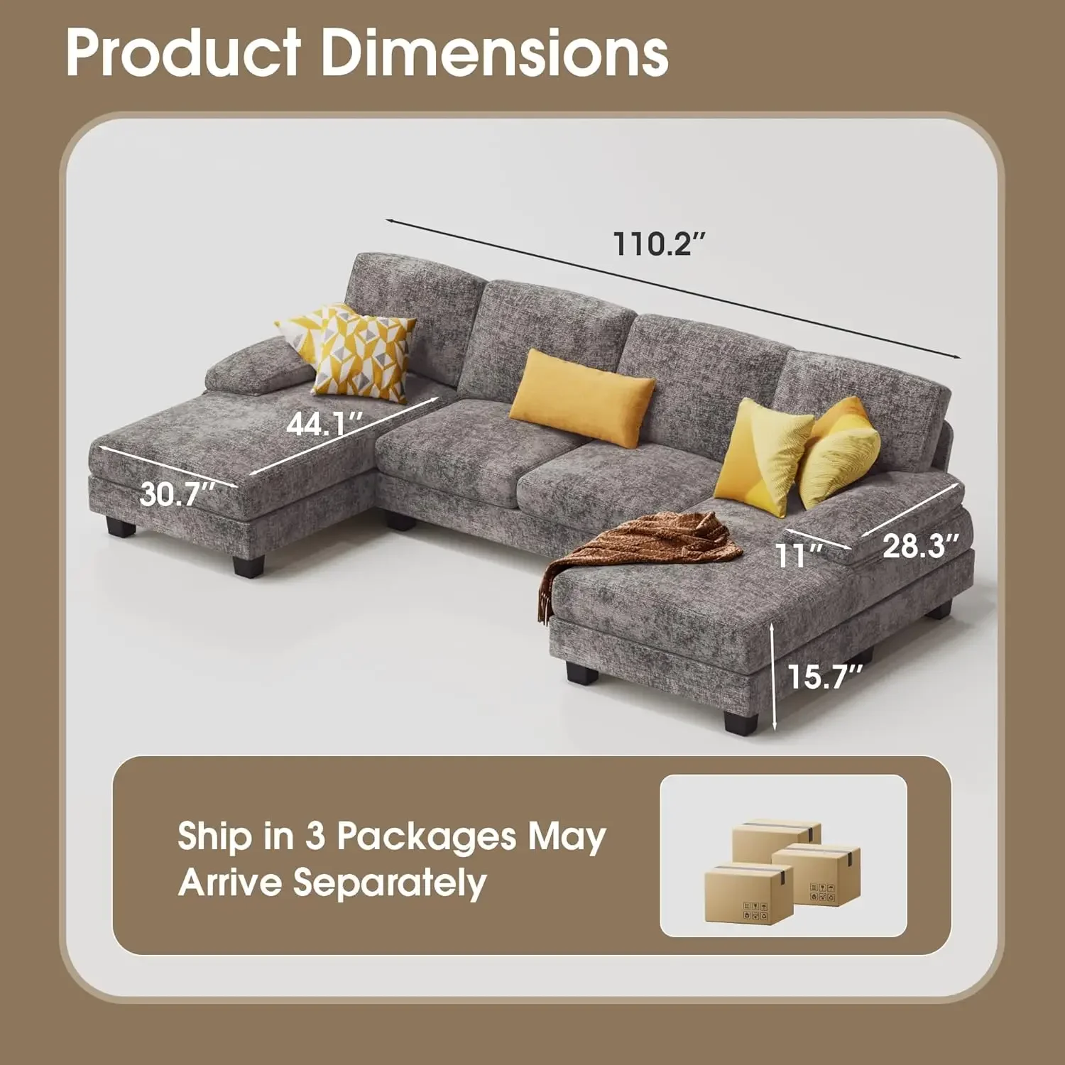 Description Picture 3 of itemSectional Couches for Living Room U-Shaped Sofa Couch with Linen Fabric 4 Seat Sofa Set with Double Chaise for Apartment