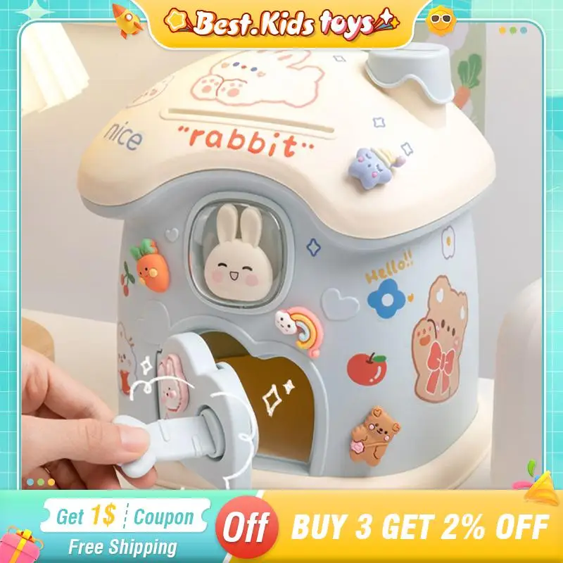 

DIY Rabbit Mushroom House Piggy Bank With Sticker Key Safe For Money Large Capacity Savings Tank Kids Toys Coin Safe Deposit Box