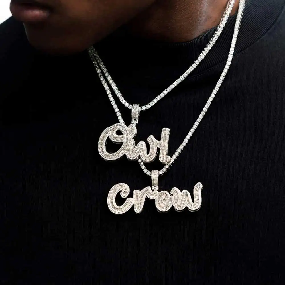 Hip Hop Name Custom Pendant New Style Bling Rectangular Drill CZ Stone Personalized Cursive Letter Necklace