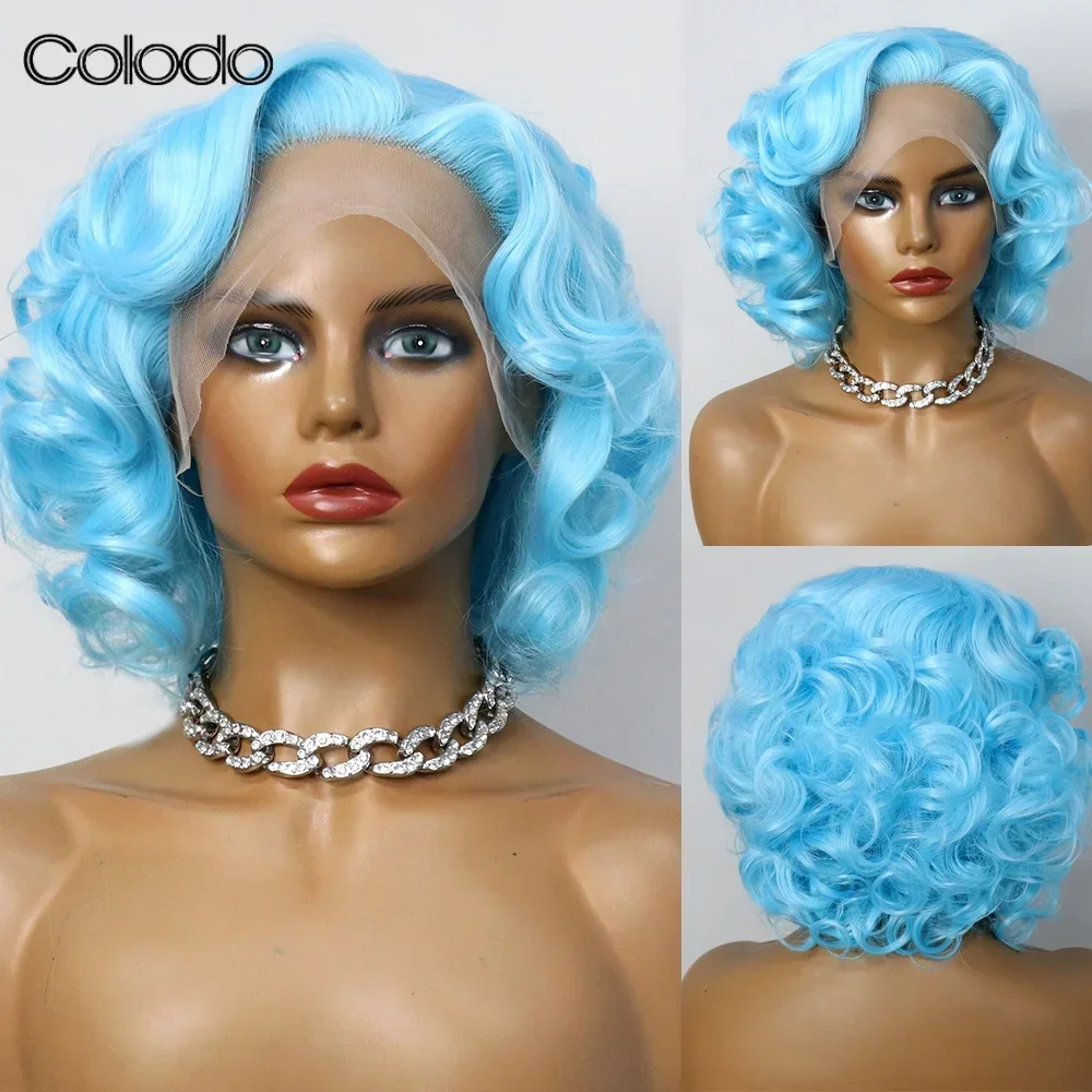 

COLODO Short Body Wave Highlight Blue Lace Front Wig Bob Synthetic Lace Wigs for Woman Marilyn Monroe Cosplay Wig Drag Queen