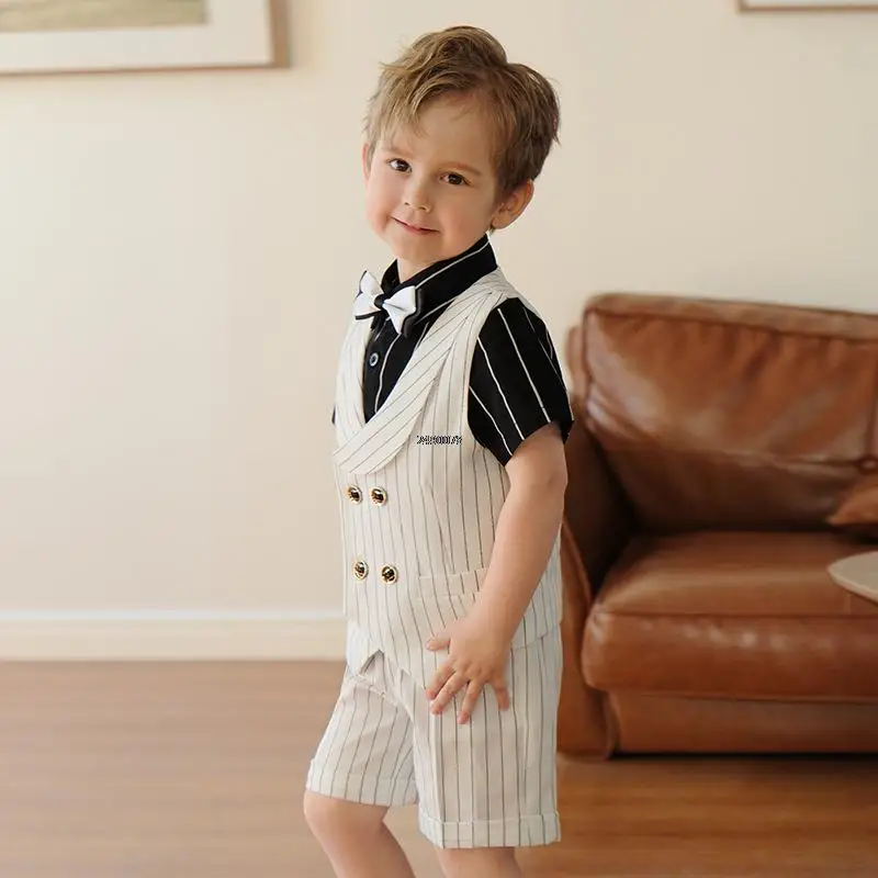 

Baby Boys White Vest Shorts Bowtie Performance Suit Children Formal Wedding Dress Kids Photography Birthday Ceremony Costume