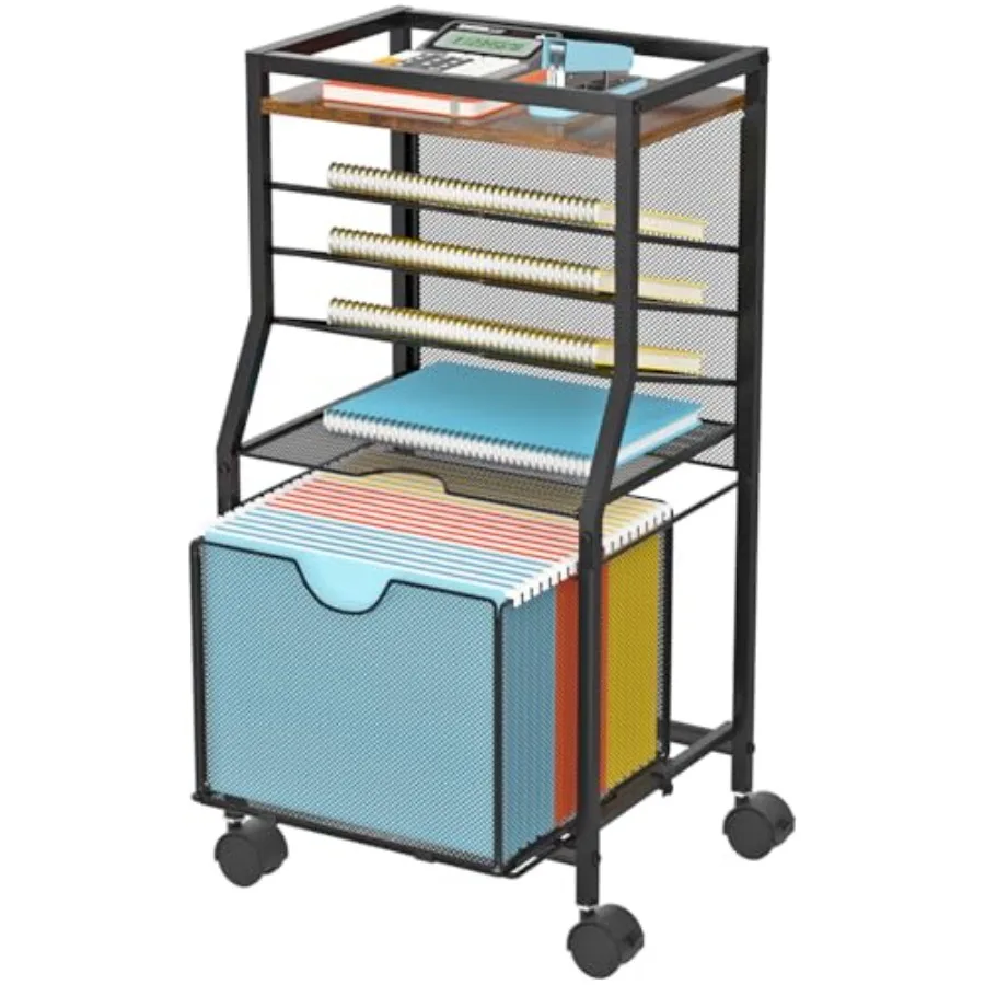 Rolling File Cart, 6-Tier Desk File Organizer on Lockable Wheels, Wood Planks and Mesh Sliding Hanging Folder Drawer, Organizat — Brown