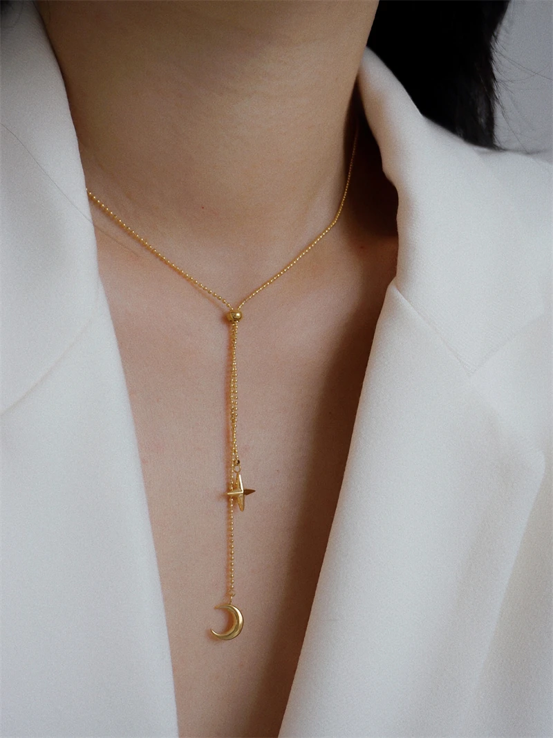 

GHIDBK Fashionable Tassel Star Moon Pendant Necklace Women's Titanium Steel metal Adjustable Sweater Chain Jewelry Accessories