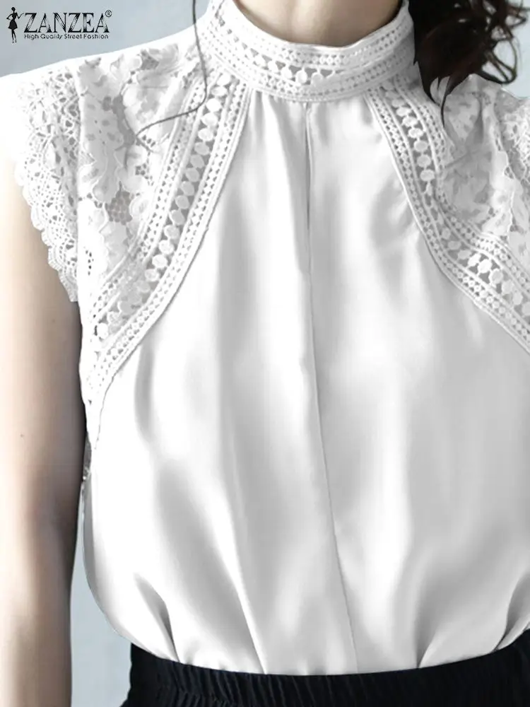 

Блузка Женская Офисная без рукавов, с кружевной вставкой и воротником-стойкой