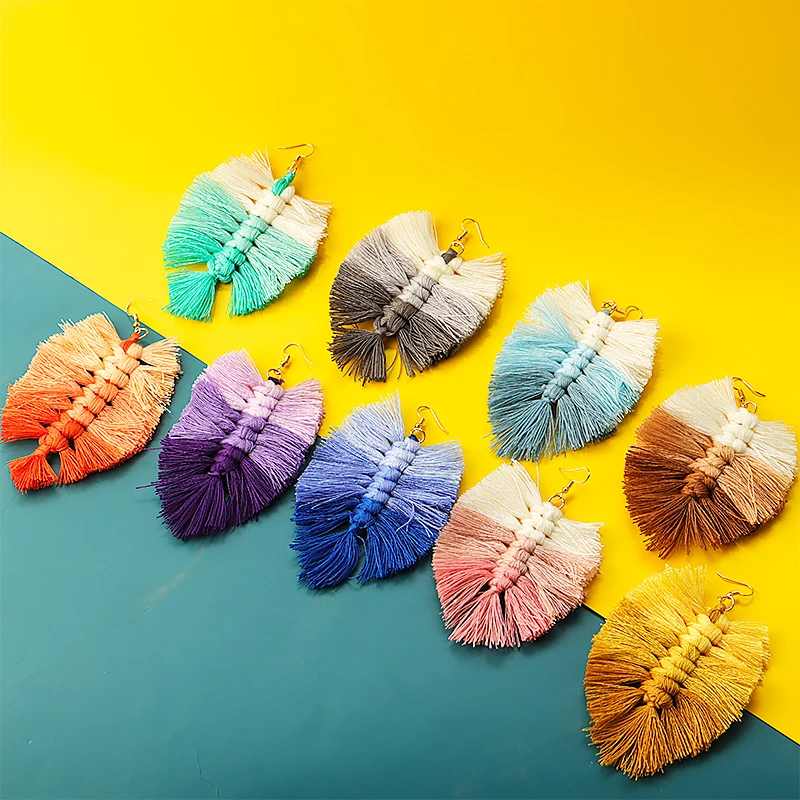 1Pair Bohemian Leaf Fringe Earrings Macrame Colored Drop